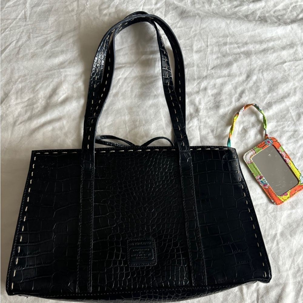Liz Claiborne Y2K Black Leather Bag Color Floral Print Interior